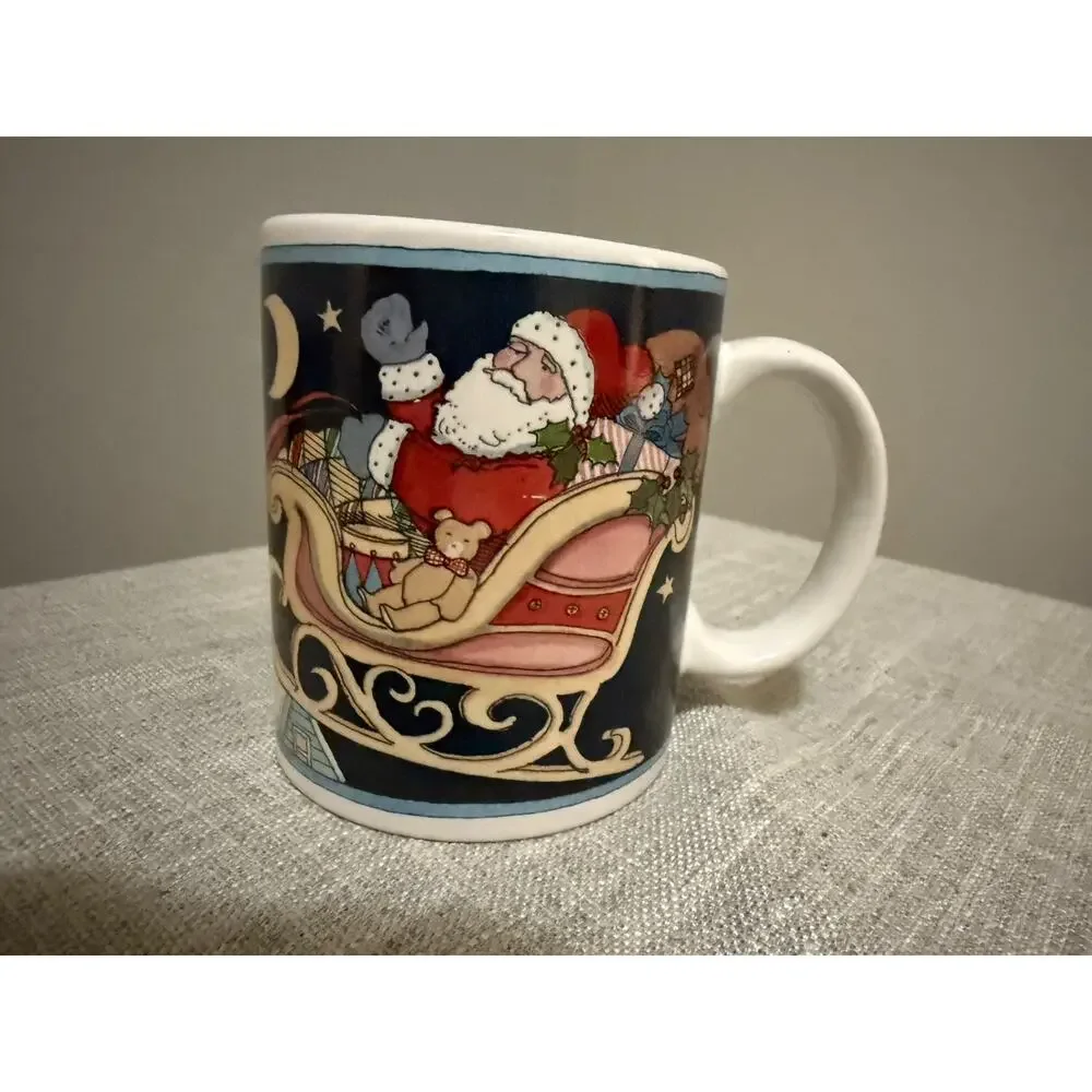 ❄️ Susan Winget Certified International Christmas Mugs Set of 4 Santa Sleigh 4”